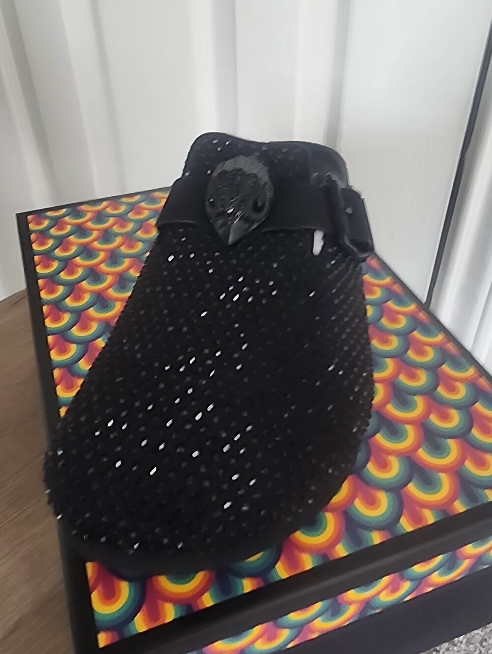 Kurt Geiger Black Crystal-Embellished Slip-On Mule with Sculpted Bird Accent